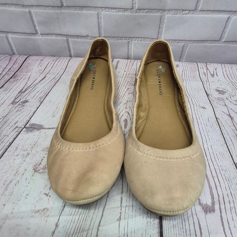 Lucky Brand Emmie‎ Tan Leather Ballet Flats Whipstitch Detail Rounded Toe Shoes
